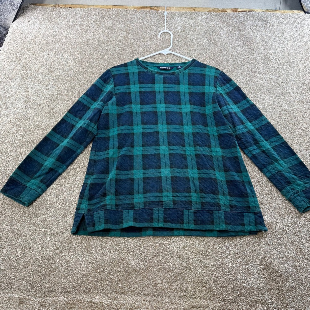 Lands End Womens Medium 10-12 Quilted Plaid Pullover Top Crew Neck Fleece